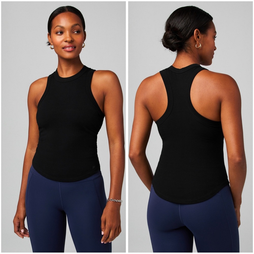 NWT Fabletics High Neck Built-In Bra Tank Top Large Black Ribbed Athleisure Gym
